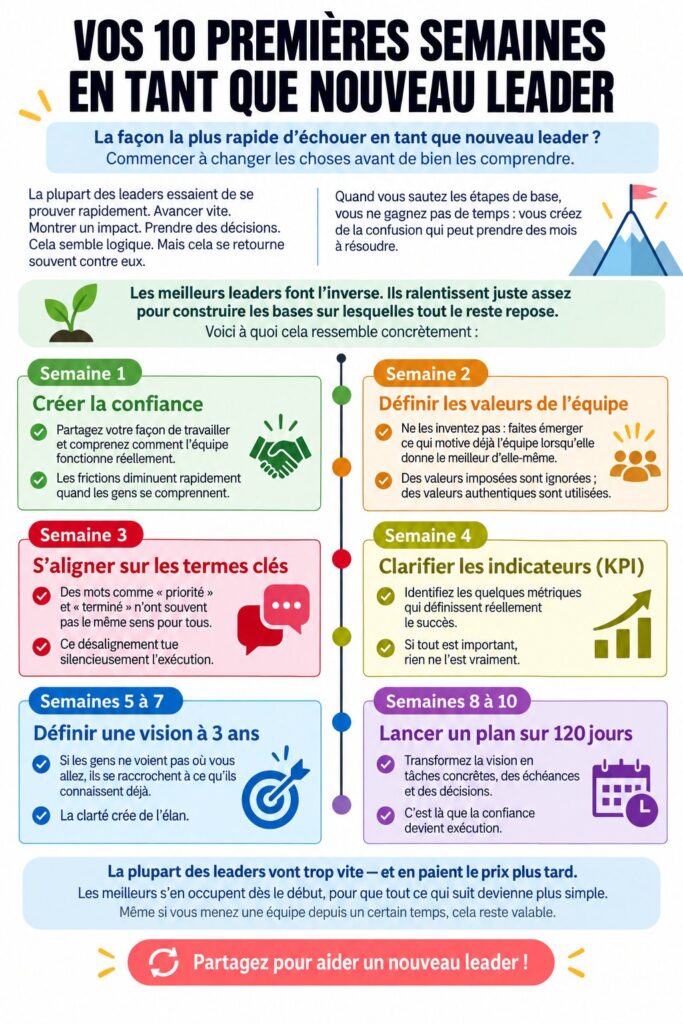 Nouveau leader s'engage auprès de son équipe lors d'une réunion, symbolisant le développement des relations de confiance.