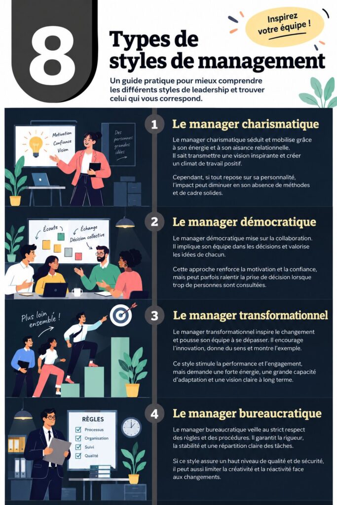 Illustration de différents styles de management en entreprise.