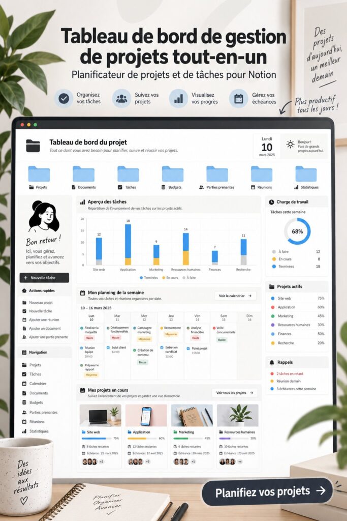 Un tableau de gestion de projet sur Notion, montrant des tâches et des deadlines bien organisées.