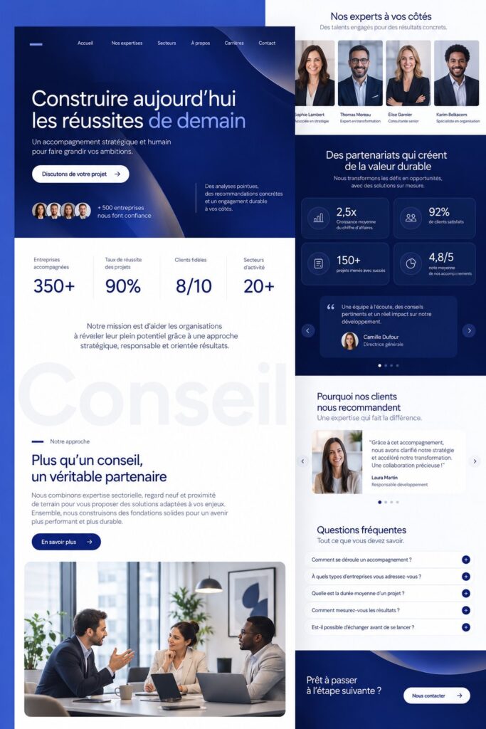 Un aperçu d'un site d'entreprise conçu avec un template Webflow, montrant un design moderne et professionnel.