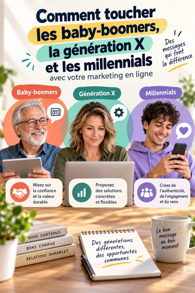 Stratégies de marketing intergénérationnel pour toucher baby-boomers, Gen-X et millennials.