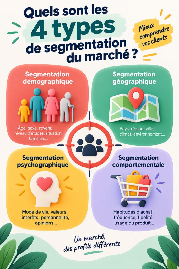 Infographie sur les 4 types de segmentation de marché pour les entreprises.