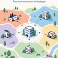 Illustration de la carte des environnements pour une stratégie d'entreprise, mettant en avant divers segments de marché.
