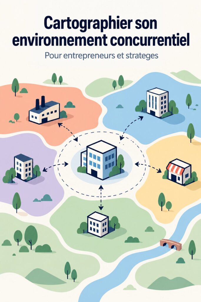 Illustration de la carte des environnements pour une stratégie d'entreprise, mettant en avant divers segments de marché.