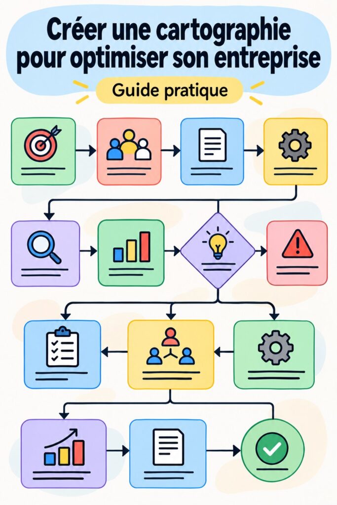 Femme d'affaires créant une carte des processus sur un tableau blanc.