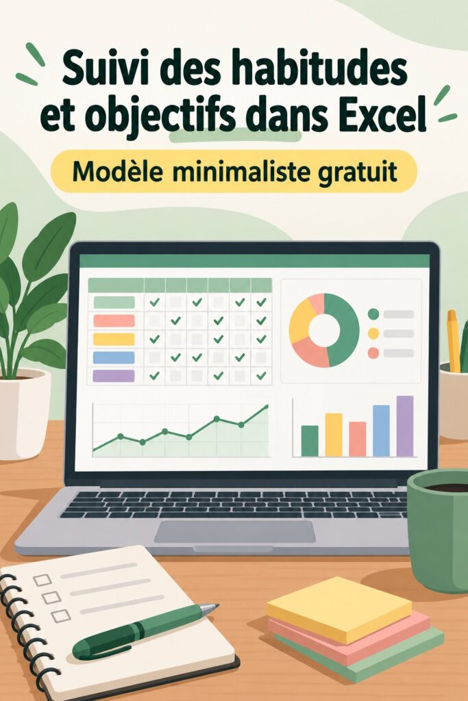 Capture d'écran d'un tableau de suivi des habitudes et objectifs dans Excel, design minimaliste.