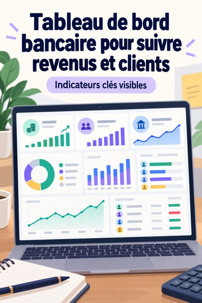 Tableau de bord bancaire avec des graphiques de revenus et de clients.